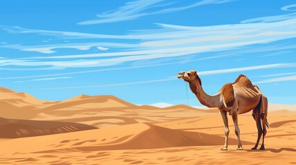 Camel standing alone in the vast desert under a clear sky.