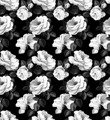 black and white seamless monochrome elegant floral pattern with roses and leaves in flat grey scale