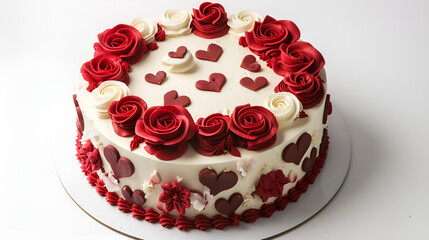 Red white cream cake with roses and hearts Elegant Cake with Roses. 