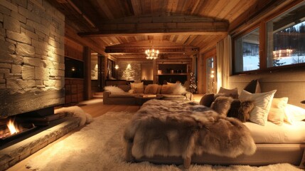 With a crackling fire and soft ambient lighting this alpine lodge is the epitome of luxurious sleep. 2d flat cartoon.