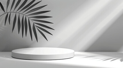 White podium, platform or pedestal for products presentation in studio. round stand for displaying cosmetics. Showcase with decorative shadow of palm leaf on wall