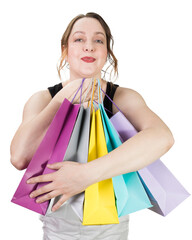 Cheerful woman with packages rejoices at successful purchases at sale. High quality photo