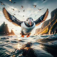 arafed bird flying over the water with its wings spread, atlantic puffin, bird flying out of water, 8k 4k, 8 k 4 k, 4k 8k, 4 k 8 k, photo real ultra high detail, dynamic closeup, 4k/8k, 4 k / 8 k, fly