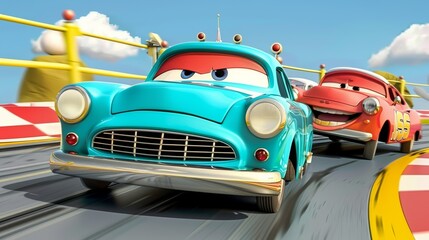 Cartoon car characters in a race for fun