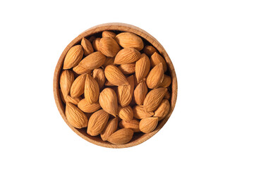 Bowl of raw almonds on a white background. Dried nuts, top view - 792635333