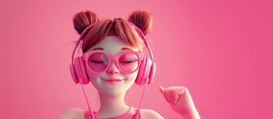 Teen girl listen to music in headphones at neon colorful background. Copy space banner. 3d cartoon character - obrazy, fototapety, plakaty