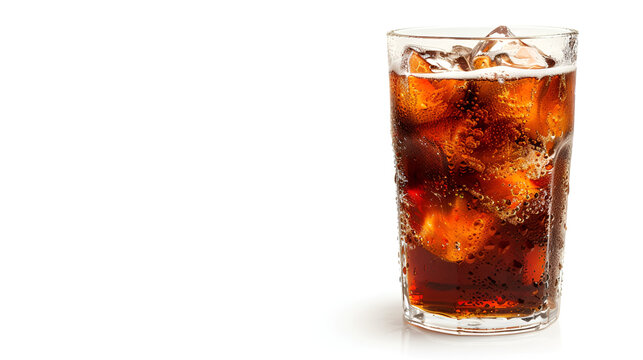 Glass of cola with ice isolated on white background Cold Cola Beverage.
