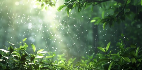 Rain drops on young plants in the forest, moss and grass, sun rays shining through trees