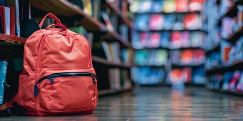 A red backpack stands out against the backdrop of colorful bookshelves in a quiet library environment.