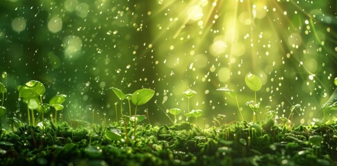 Rain drops on young plants in the forest, moss and grass, sun rays shining through trees - obrazy, fototapety, plakaty