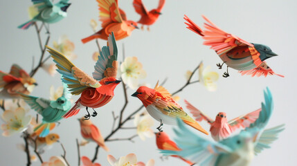 A cluster of decorative paper birds, bringing nature indoors.