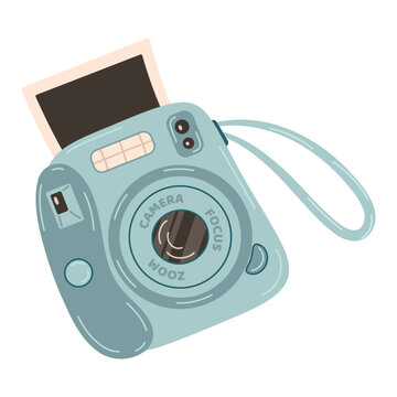 Blue Instant camera device with photo. Photography camera Hand drawn trendy flat style on white background. Icon for websites or mobile applications. Flash and lens visible. Vector illustration