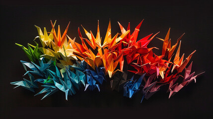 A cluster of decorative paper cranes, a symbol of good fortune.