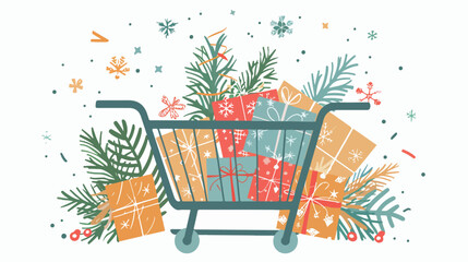 Shopping cart full of gift box and tree christmas. Vector