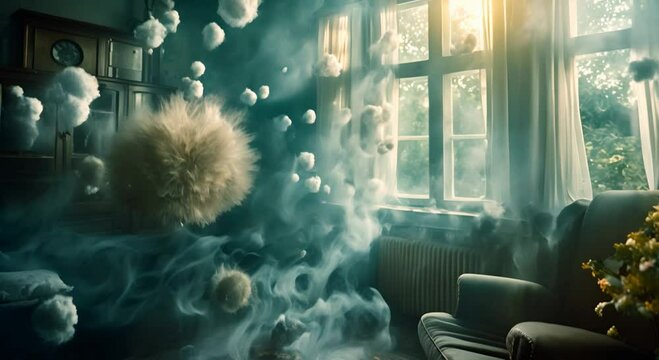A few clusters of dangerous-looking virus particles floating and interspersed throughout a livingroom where someone lives their daily life, highlighting the invisible threat of allergies