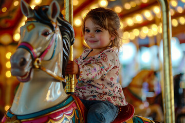 Fototapeta premium Young Girl Enjoying a Ride on a Colorful Carousel Horse