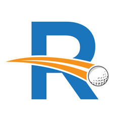 Golf Logo On Letter R Concept With Moving Golf ball Symbol. Hockey Sign