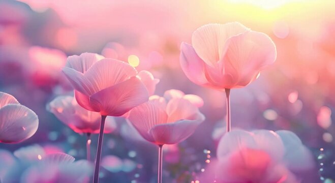 hype realistic photography details image of a garden made out of translucent huge flowers, beautiful colorful scenery pastel and neon , pastel skies sunrise 