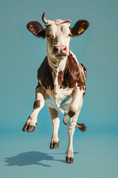 Cow Jumping with Joy on Sky Blue Background
