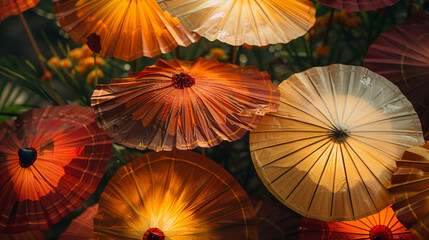 A cluster of decorative paper umbrellas, providing shade and beauty.