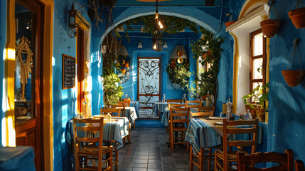 Interior detail of a restaurant in Greece.