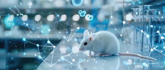 White laboratory mouse in a modern research facility, with digital overlays of molecular structures and genetic data floating around it. The setting includes high-tech laboratory equipment