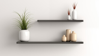 Two black shelves with white and beige vases and plants on a white background