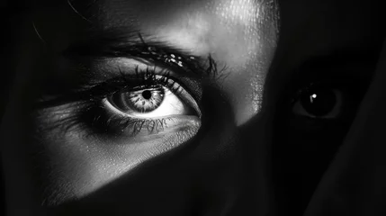 Foto op Aluminium A pair of eyes peer out from the midst of a dark shadow capturing attention and curiosity as they seem to hold secrets within. . © Justlight