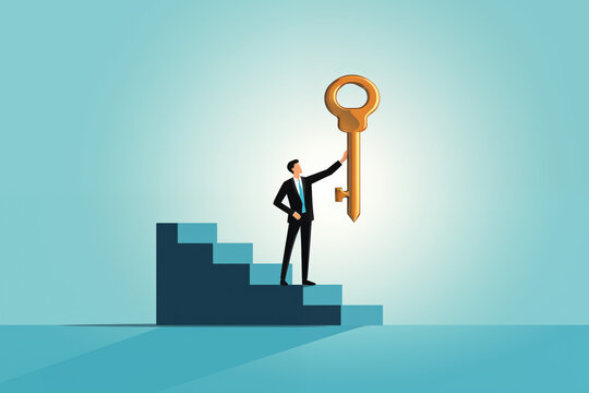 Business graphic vector modern style illustration of a business person holding a key representing unlocking finding key to success or problem solving accessing new skills promotion or raise