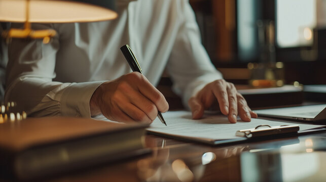 Signing document in office desk, lawyer signing legal papers, close up portrait of young man wearing white business shirt and holding pen