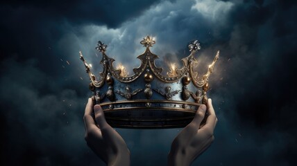 Obraz premium mysteriousand magical image of woman's hand holding a gold crown over gothic black background. Medieval period concept