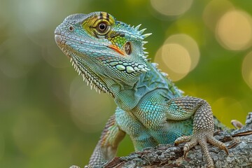 Fototapeta premium Australian Water Dragon: Perched on a branch overlooking water, capturing its arboreal lifestyle.