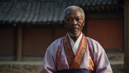 handsome african elderly man wearing traditional korean clothing hanbok from Generative AI