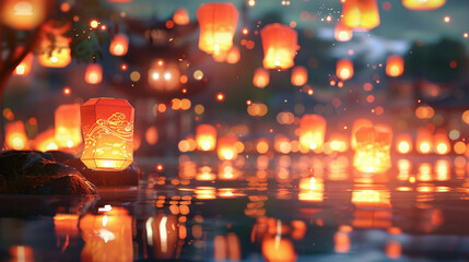 A harmonious Vesak lantern festival with glowing paper lanterns.