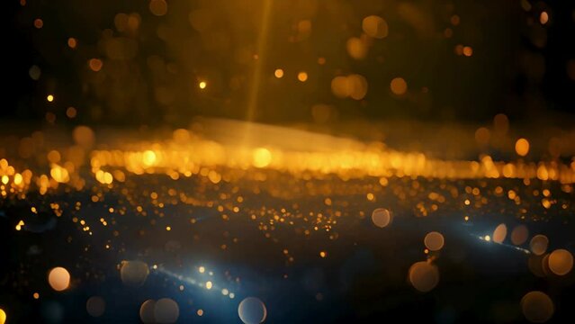 3d rendering of golden glitter background with wave and bokeh lights. Abstract gold particles, luxury design element for festive card or banner