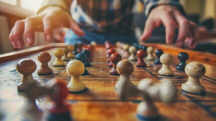 A Man Is Playing With Chess Pieces On A Chessboard.
