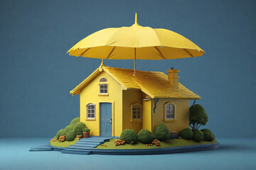 3d render of house with yellow umbrella symbolizing protection, on blue background.