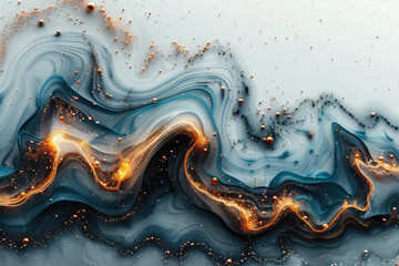Abstract fluid art in blue and orange, resembling flowing river stones, with a gray background. Created with Ai