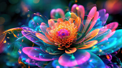 Fantastic cosmic flowers in neon shades. Generative AI