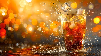 Sparkling Amber Whiskey Glass on a Bar Top, Festive Drink for Celebrations, Elegant Alcoholic Beverage at Party, Reflecting Lights. AI - obrazy, fototapety, plakaty