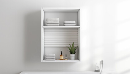 White bathroom shelf with folded towels a plant and toiletries