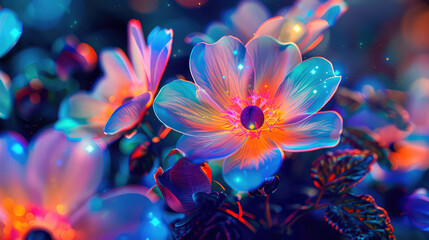 Obraz na płótnie Canvas Fantastic cosmic flowers in neon shades. Generative AI