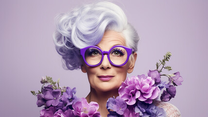 An elderly woman with glasses portrait in lavender purple tones, flowers makeup and spring mood at grandma's