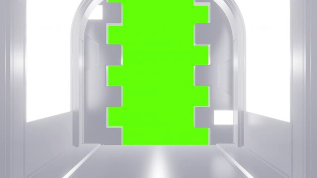 Futuristic opening gate or door in white moving sci fi technology tunnel or room. Realistic digital animation with green chroma key.