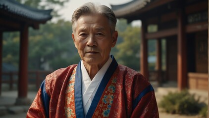 handsome caucasian elderly man wearing traditional korean clothing hanbok from Generative AI - obrazy, fototapety, plakaty