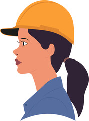 A woman wearing a yellow hard hat. The hat is on her head and is positioned above her eyes .Female engineer concept