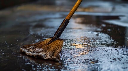 A close-up of a broom on a wet floor. - 792645581