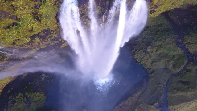 aerial shot of seljalandsfoss waterfall in south iceland walk behind this stunning  SBV 328084002 4K 