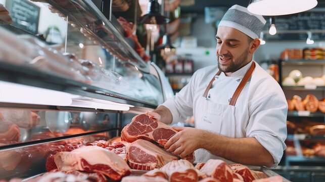 A butcher with a pile of meat.