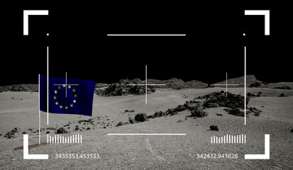 Lunar landscape with EU flag through viewfinder. Cosmic scene, astronomy and space background